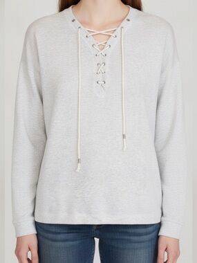 Sophie Rue Giana Lace Up Cotton Knit Long sleeve Top light Grey Sz L Layering